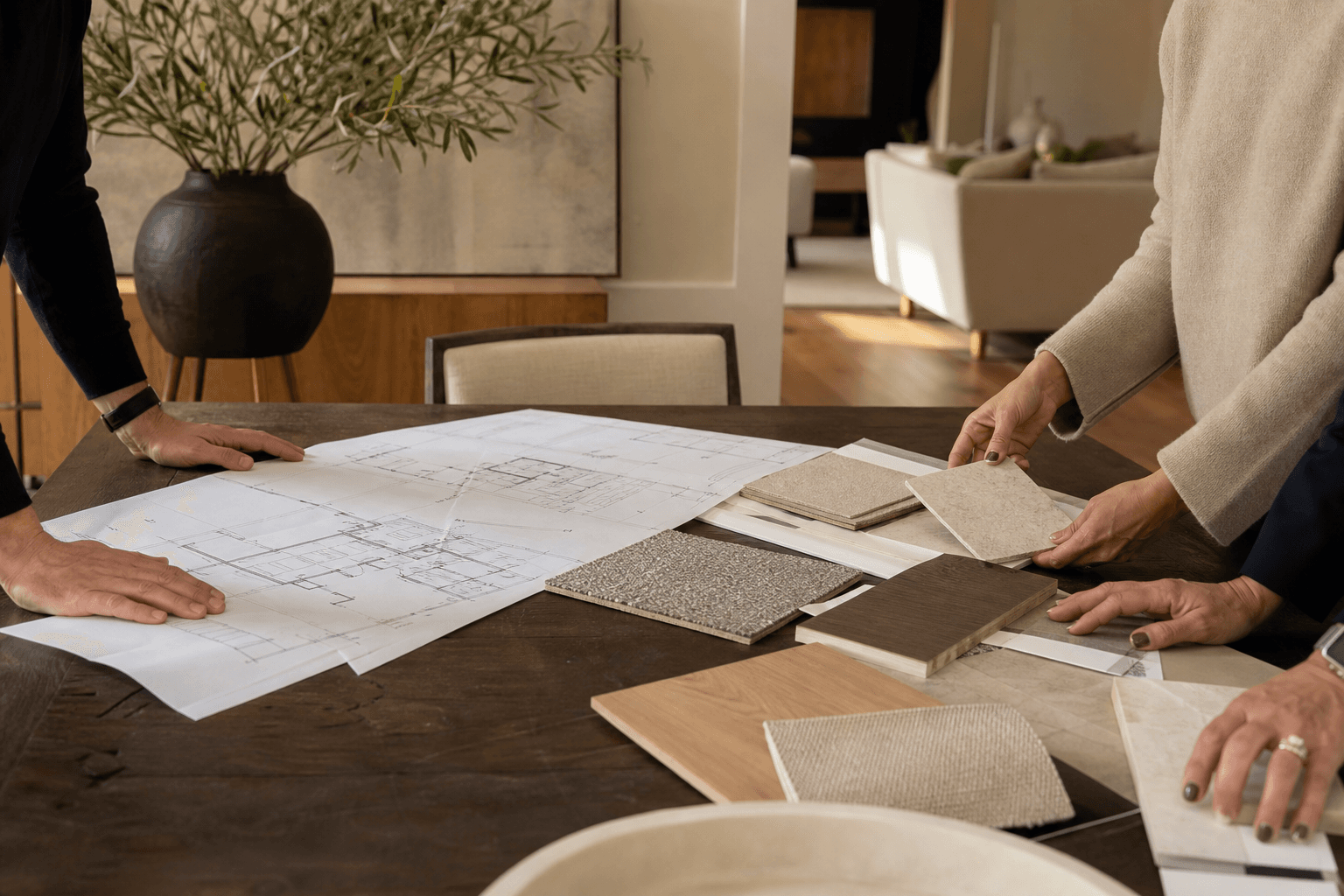 Custom cabinet shop team reviewing shop drawings with Treasure Valley homeowners