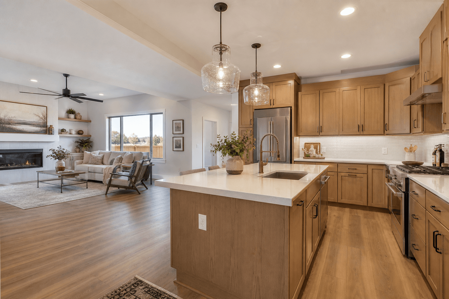 Open kitchen with upper and base cabinets tied to living space storage in Boise