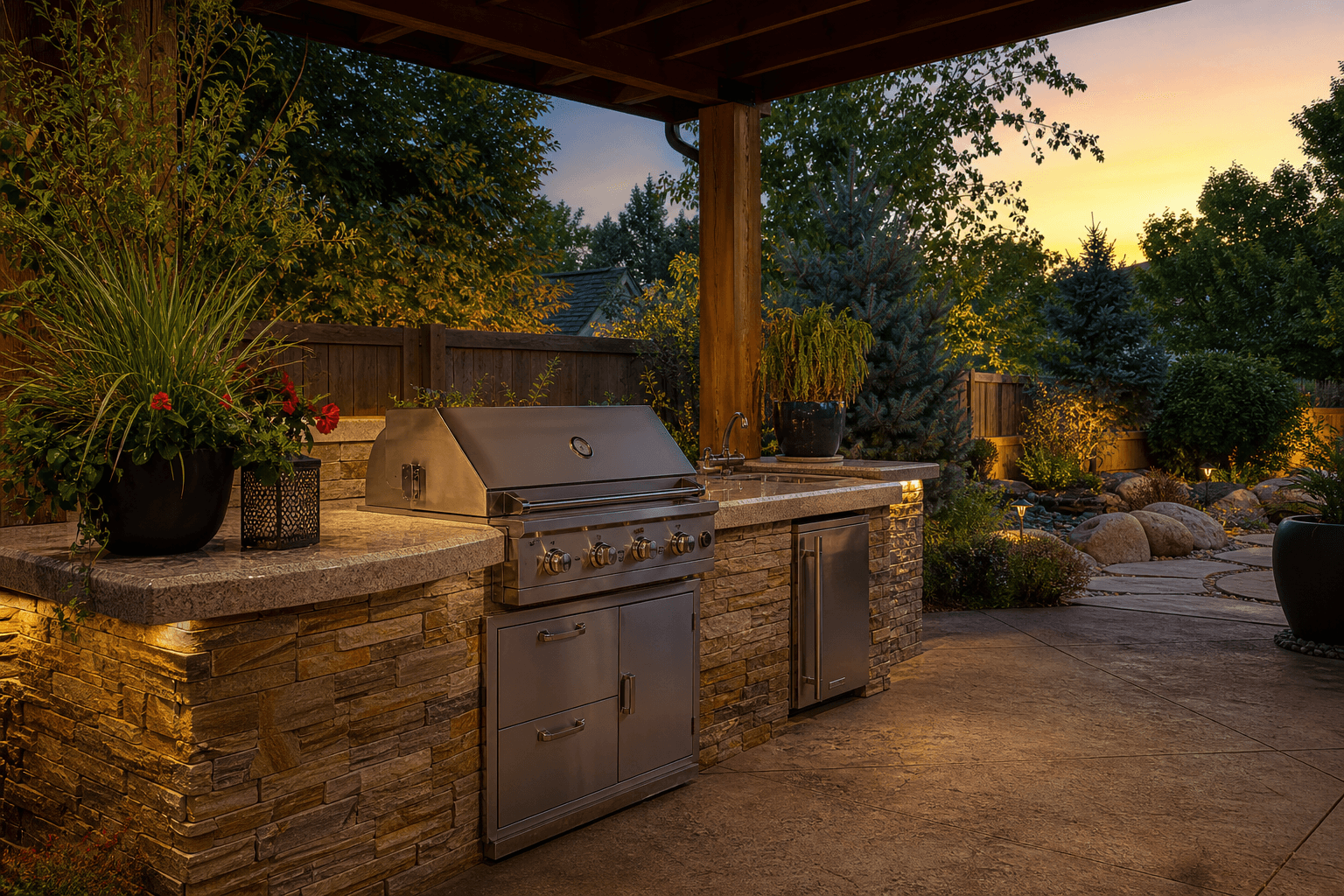 Outdoor kitchen cabinets with built-in grill storage in a Boise backyard