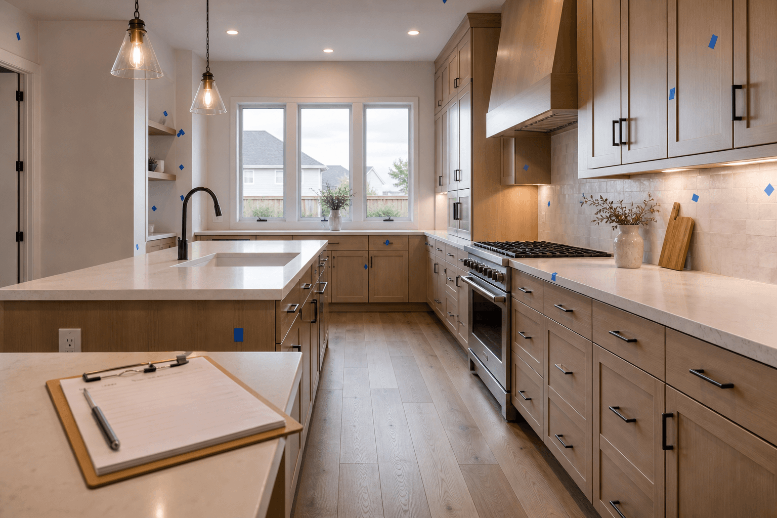 Final cabinet installation punch list with adjusted doors and scribe fillers
