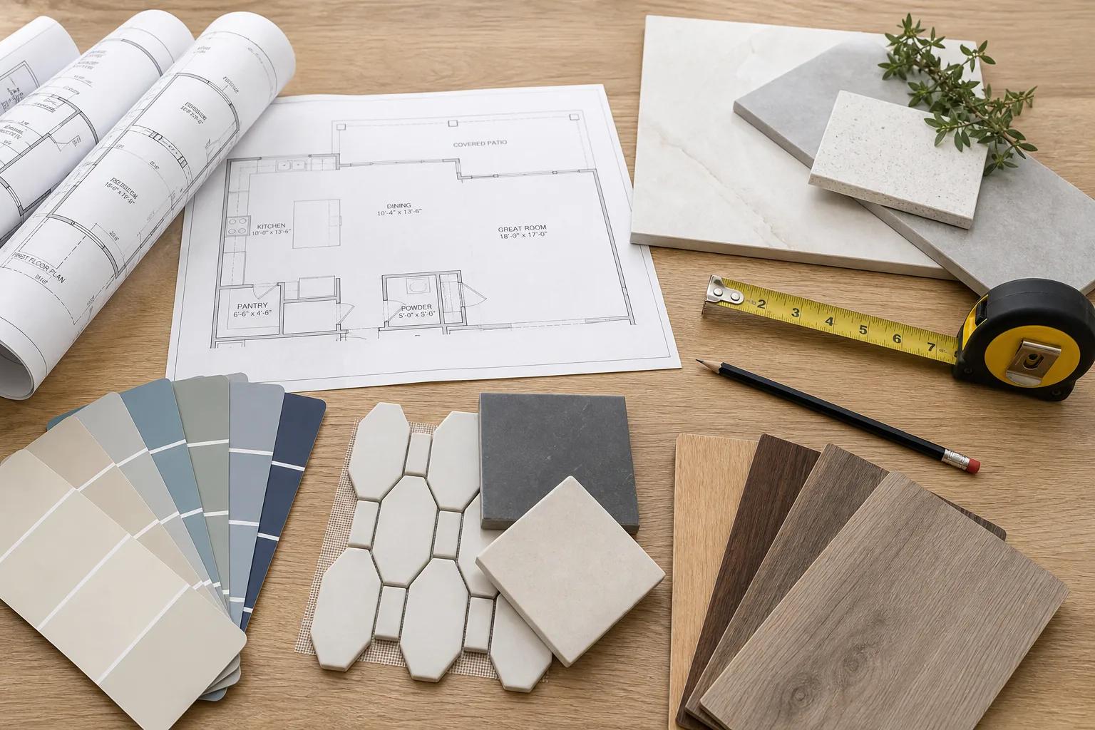 Design team reviewing cabinet layouts, finishes, and Treasure Valley project scope with homeowners