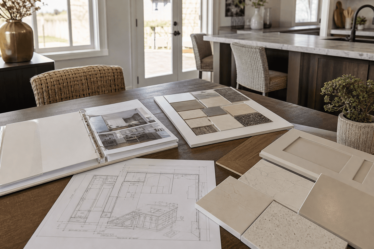 Homeowner meeting with a cabinet company reviewing scope and line-item quote in Boise