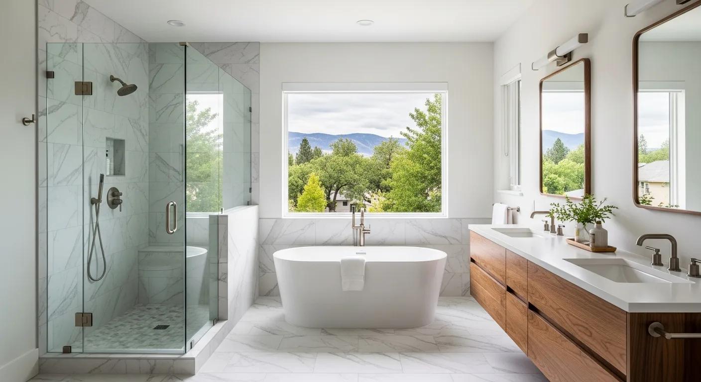 Bathroom vanity cabinets in a Boise home with modern tile and coordinated storage
