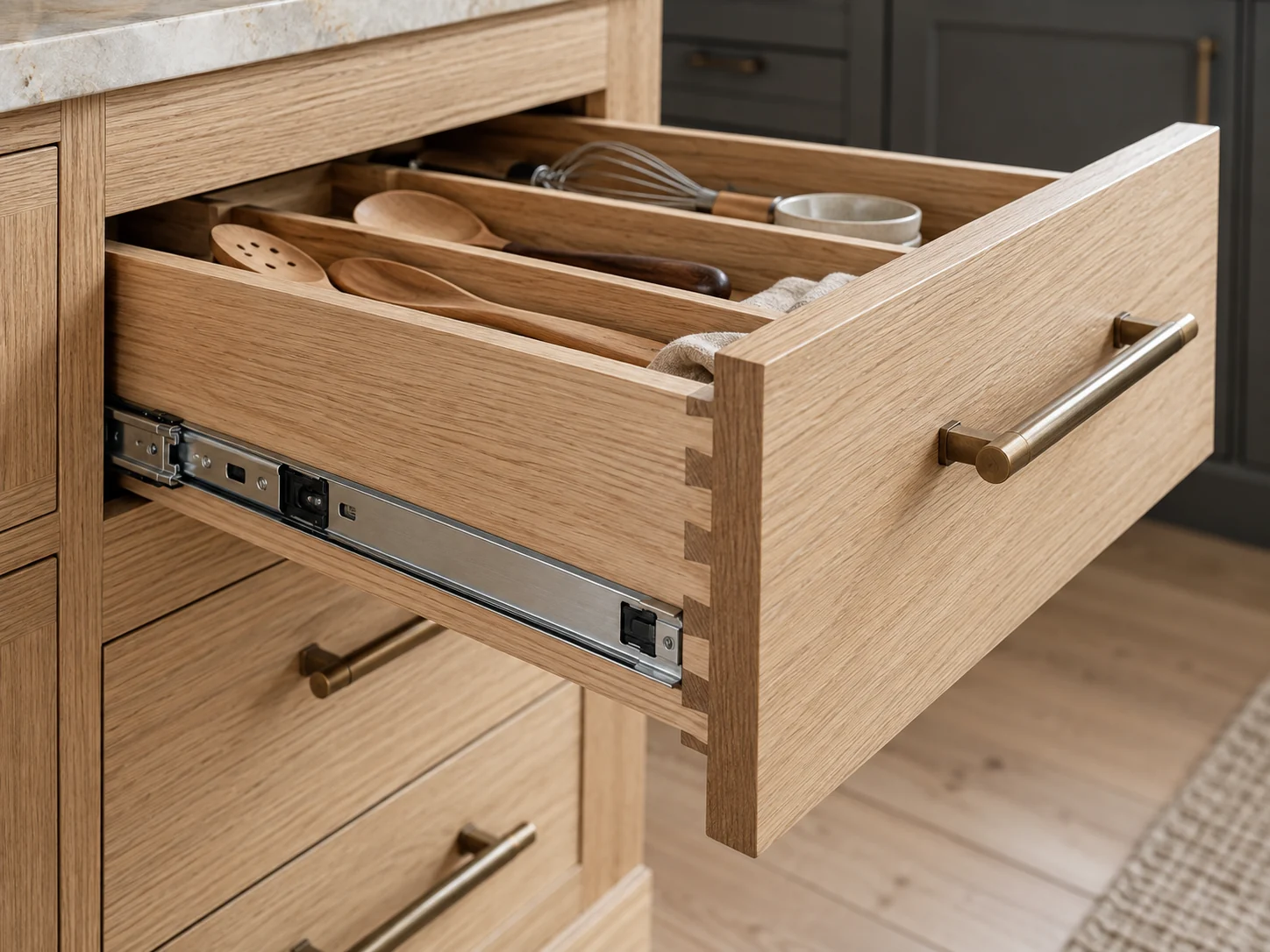 Natural oak drawer and organized utensil storage