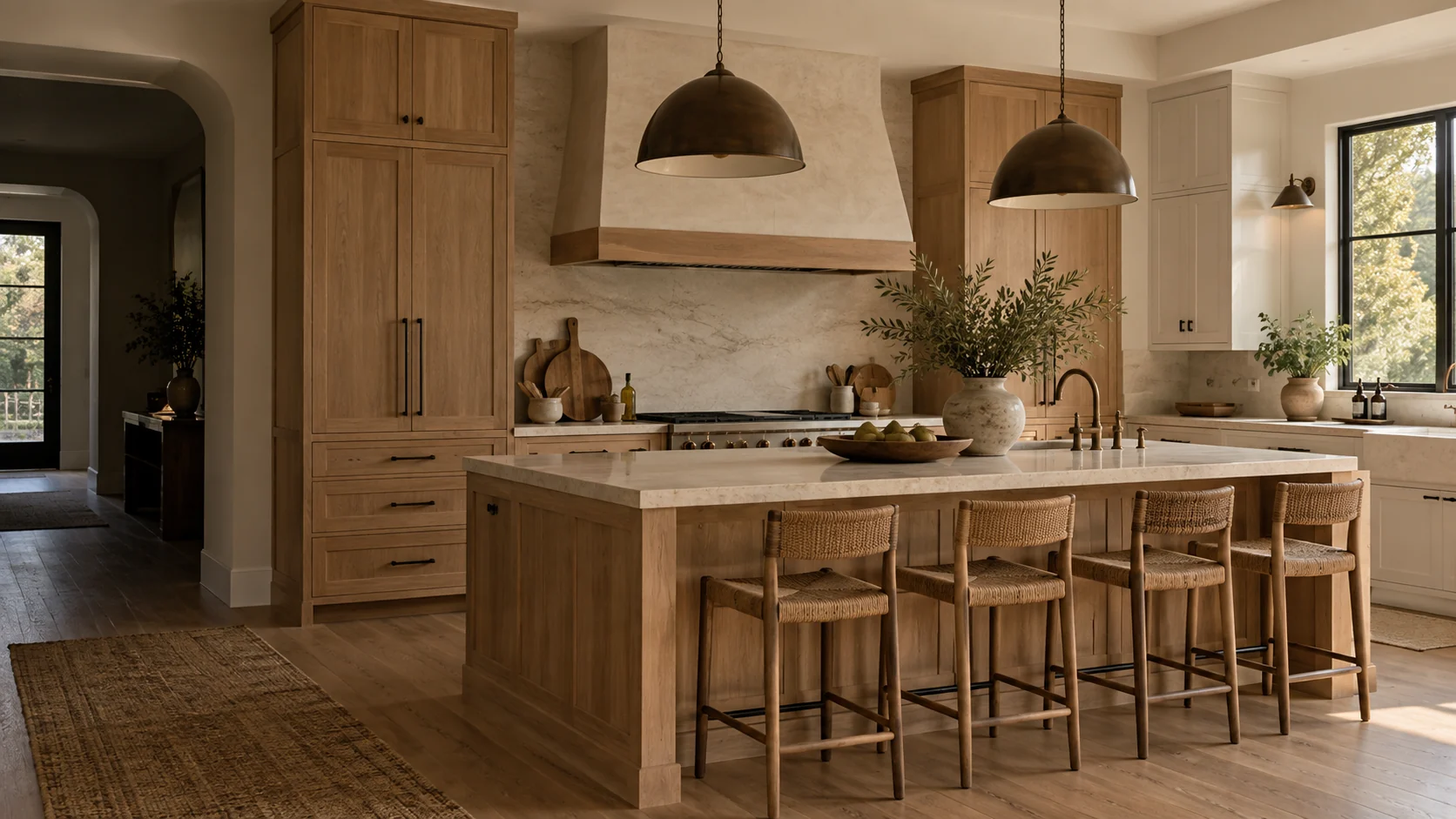 Kitchen with natural white oak cabinetry, cream shaker cabinets, ivory stone, and bronze details
