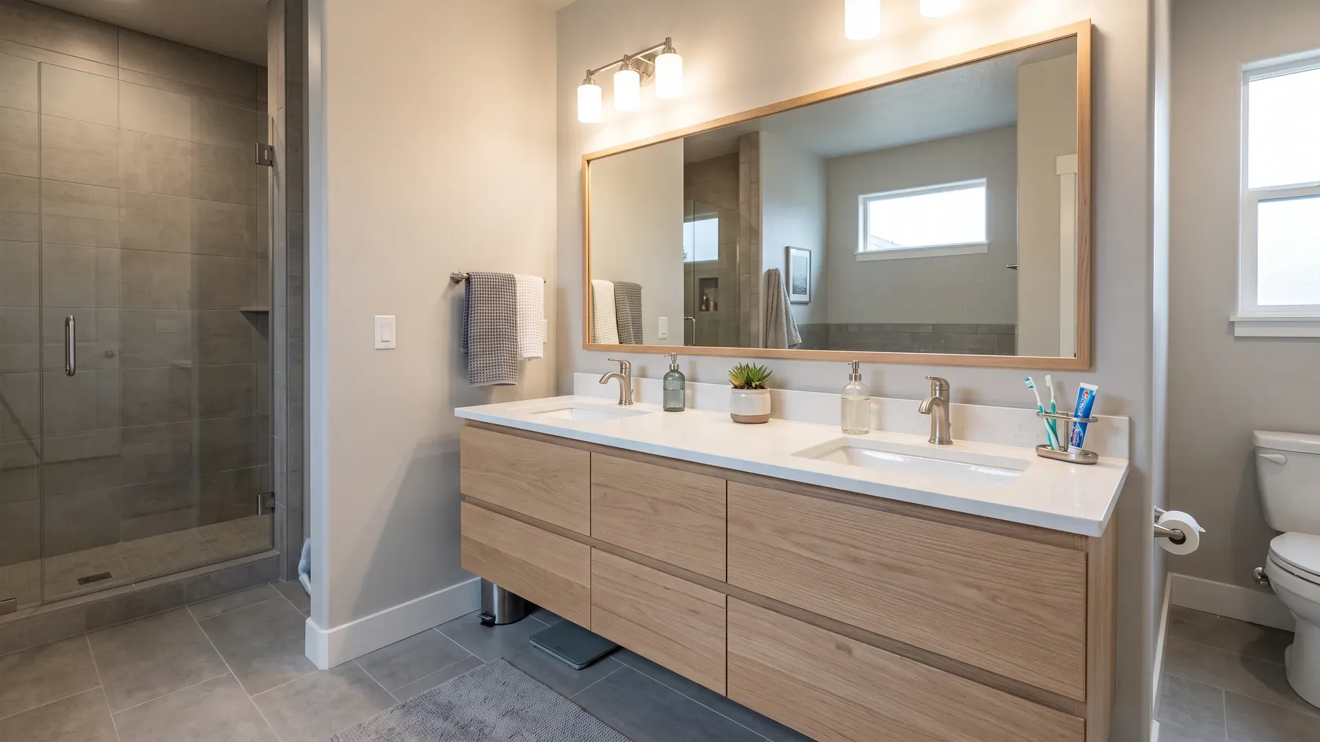 Real completed Treasure Valley bathroom with a modern floating white oak double vanity, white quartz top, undermount sinks, and a large framed mirror