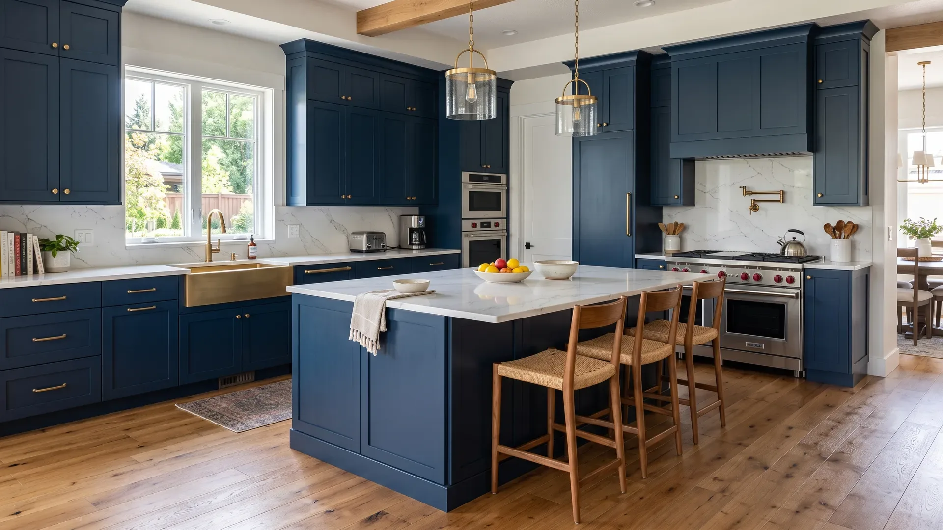 Real completed upscale Treasure Valley kitchen with deep navy-blue painted Shaker cabinets, brushed brass hardware, white marble-look quartz counters, and a large island