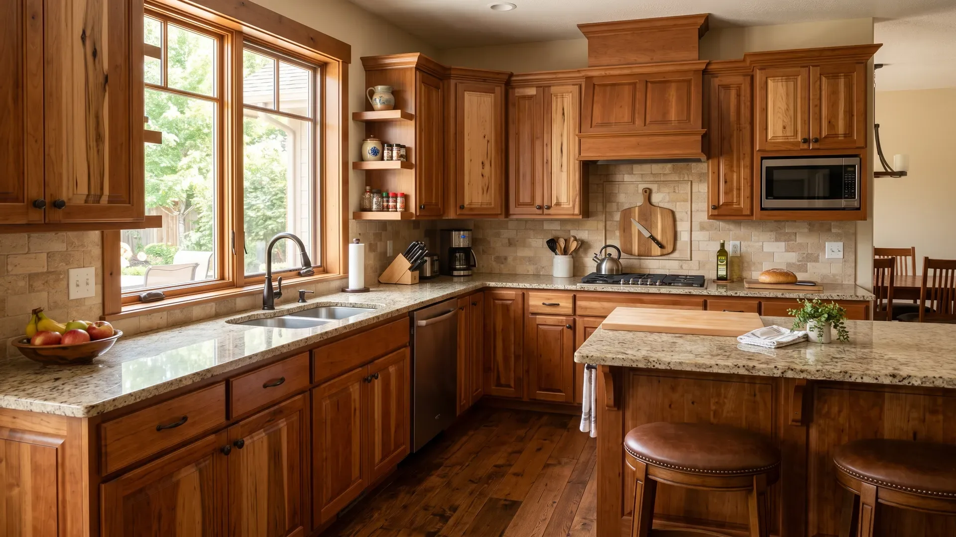 Real completed warm traditional Treasure Valley kitchen with rich cherry and hickory stained solid-wood cabinets showing natural grain variation and oil-rubbed bronze hardware