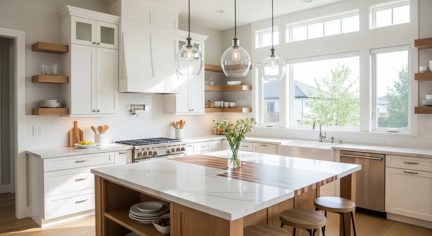Custom white shaker kitchen cabinets with island and quartz counters in a bright Boise Idaho home