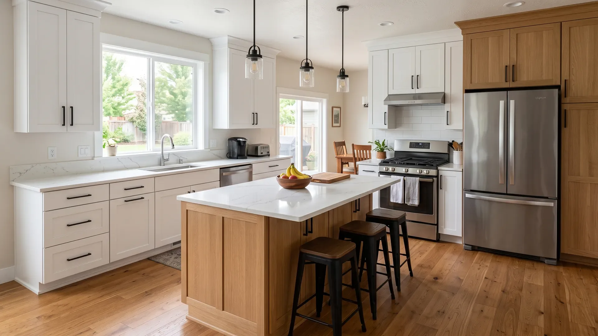 Real completed kitchen in a standard Treasure Valley family home with warm natural white oak cabinets, a crisp white perimeter, and black bar pulls