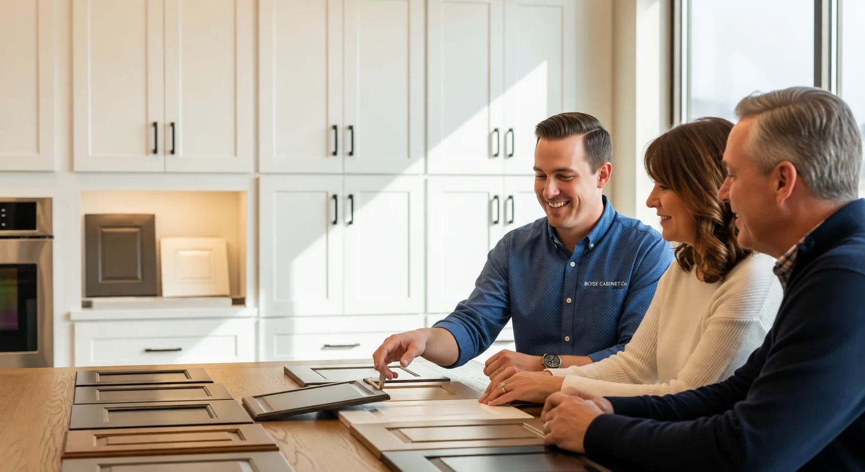 consultation with a Boise Cabinet Co designer reviewing door samples with homeowners