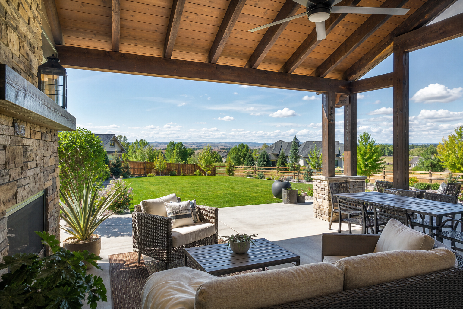 Covered patio with ceiling fans and comfortable seating in the Treasure Valley