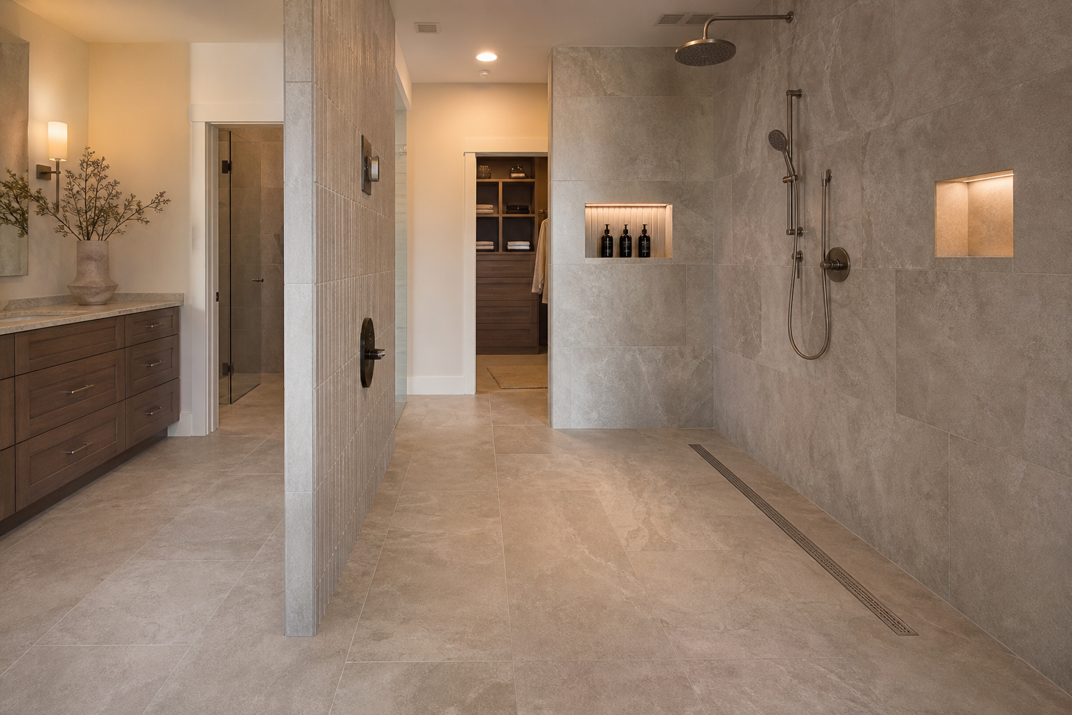 Curbless shower with linear drain and accessible entry in a master bathroom