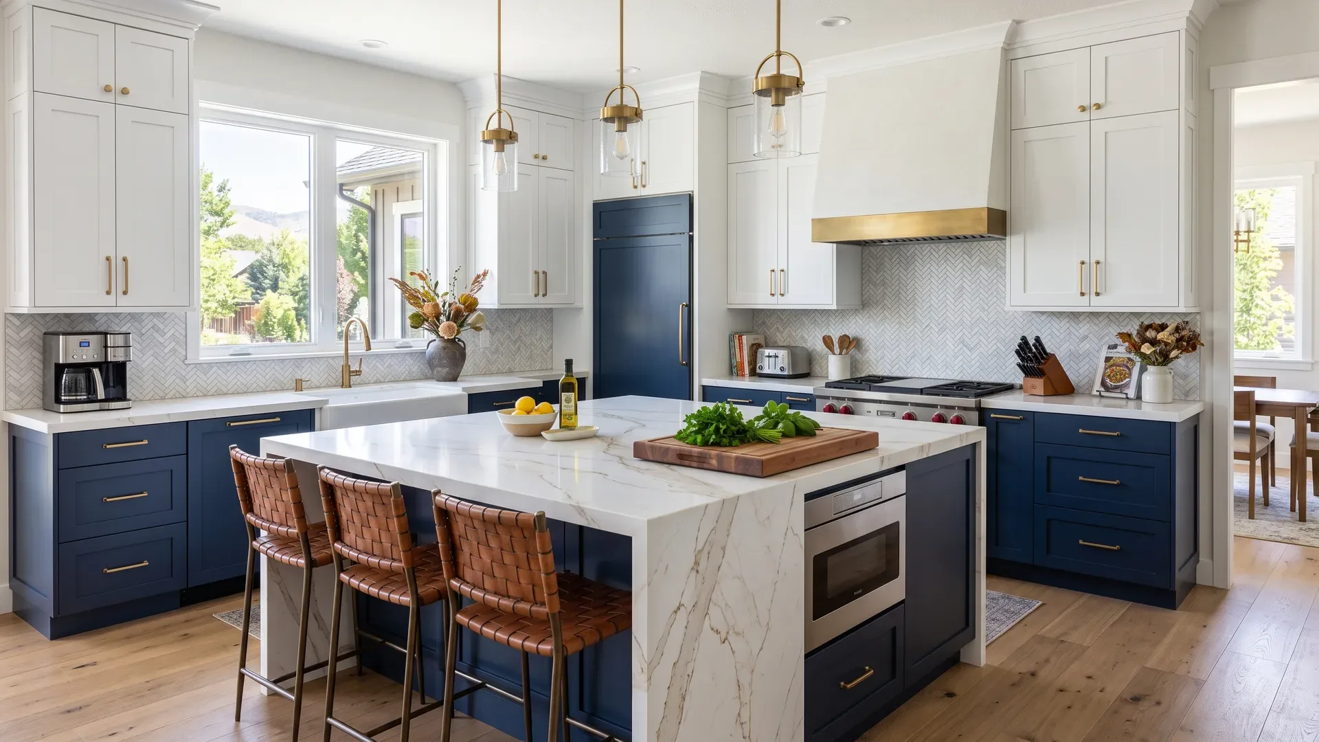 Real completed luxury custom kitchen in a Treasure Valley home with navy blue and white two-tone cabinets, brass hardware, and a marble-look quartz island