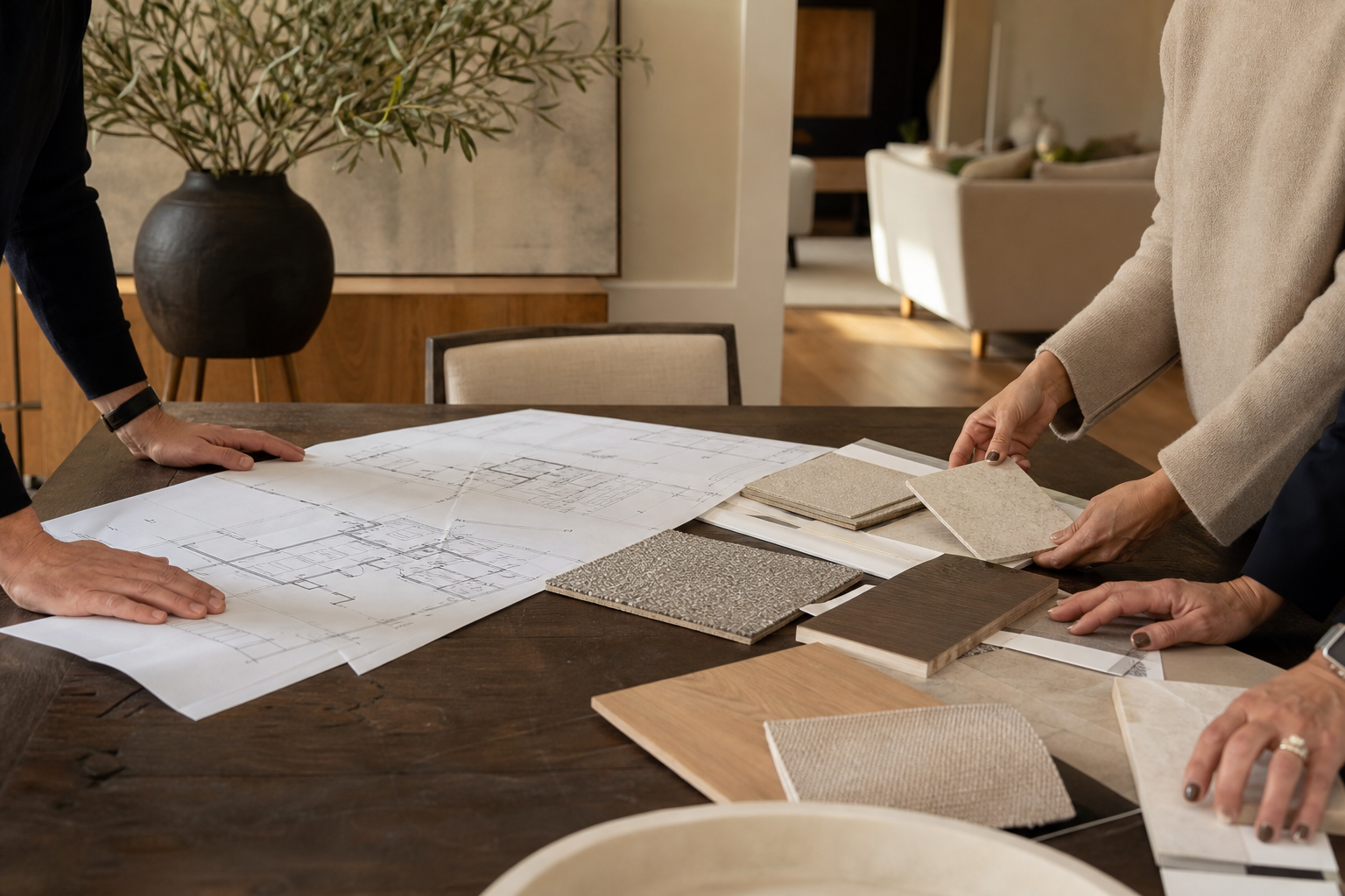 Design-build team collaborating on plans in a Treasure Valley home
