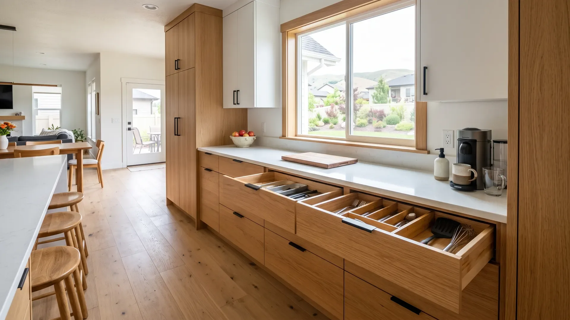 Real completed modern frameless kitchen in a Treasure Valley home with warm white oak flat-panel cabinets, a crisp white perimeter, and wide full-extension drawers
