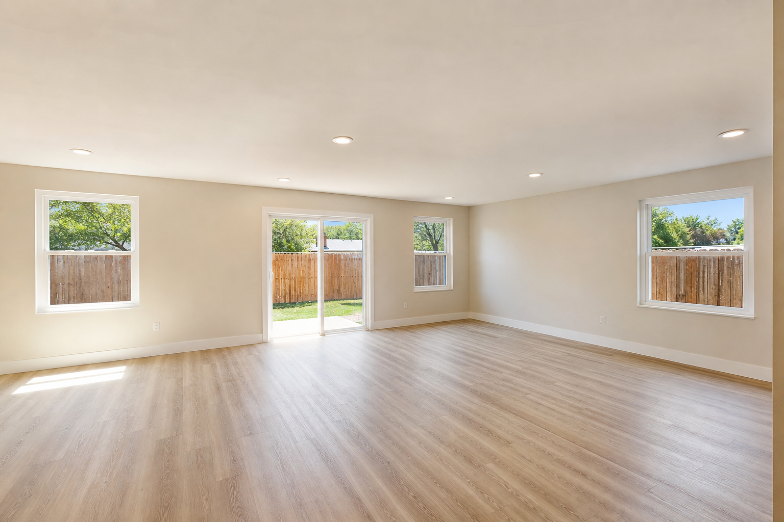 Converted garage living space with new windows and finished interior