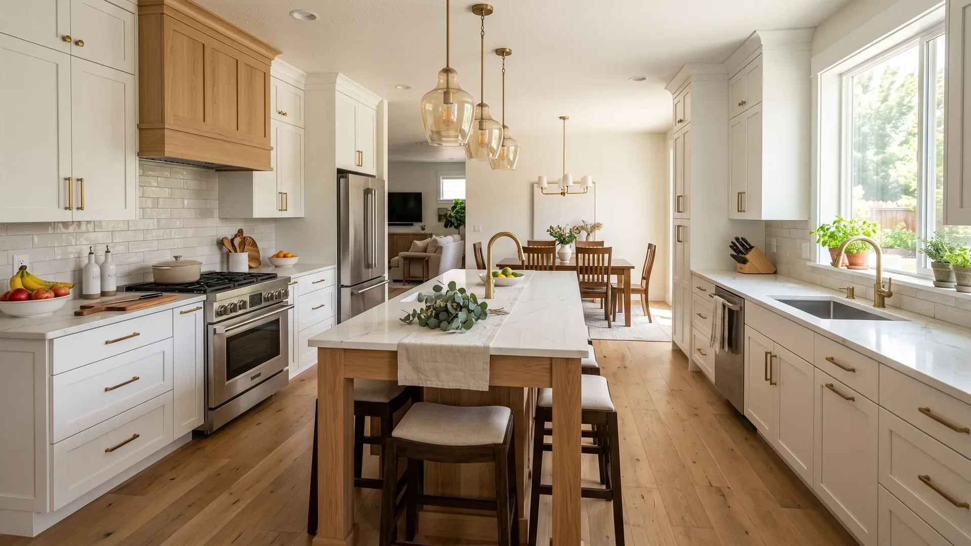 Real completed transitional Treasure Valley kitchen blending warm white oak and crisp white cabinets with a large island, showing a functional work-triangle layout