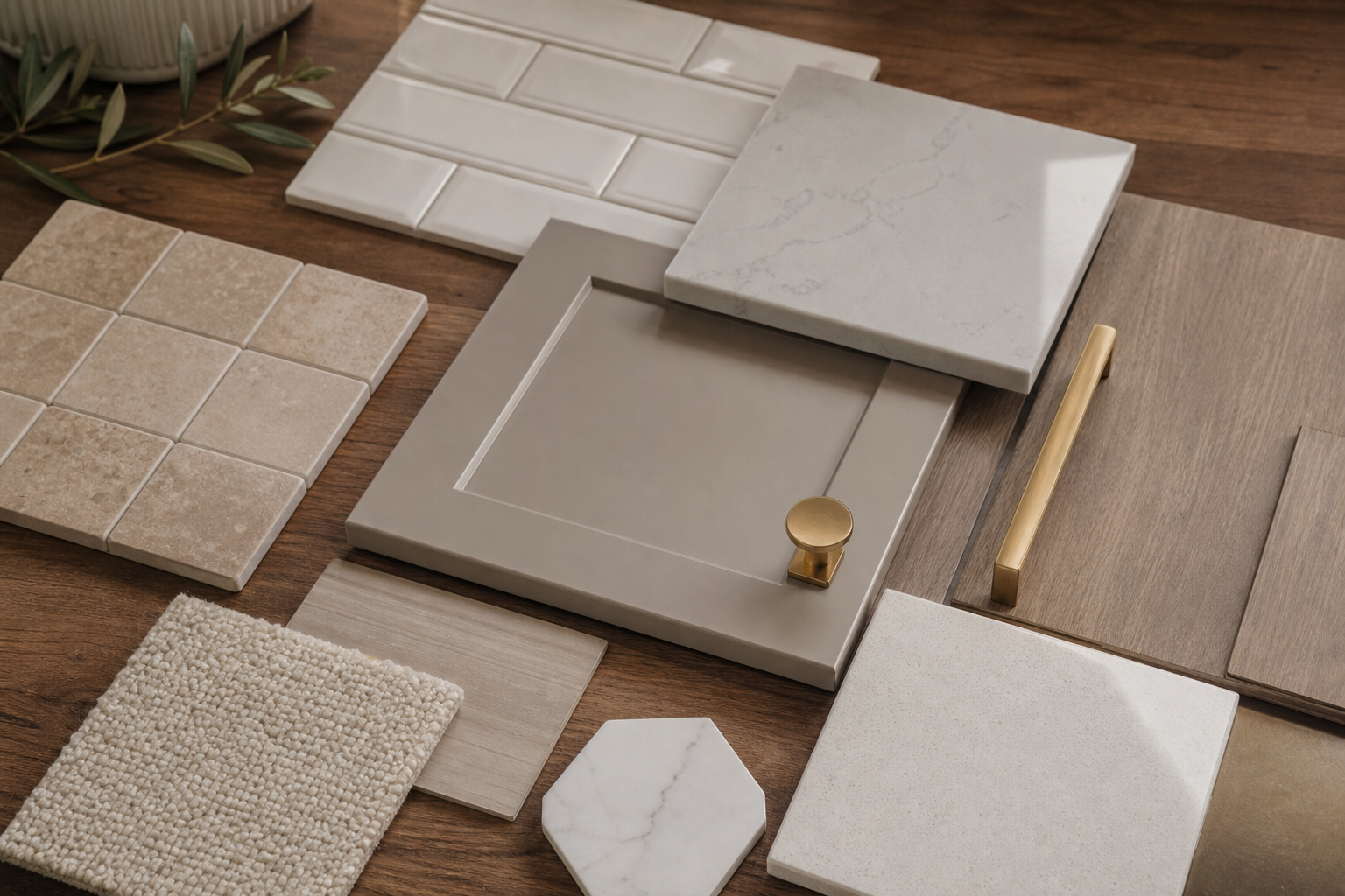 Remodel material selections including tile, counters, and hardware samples