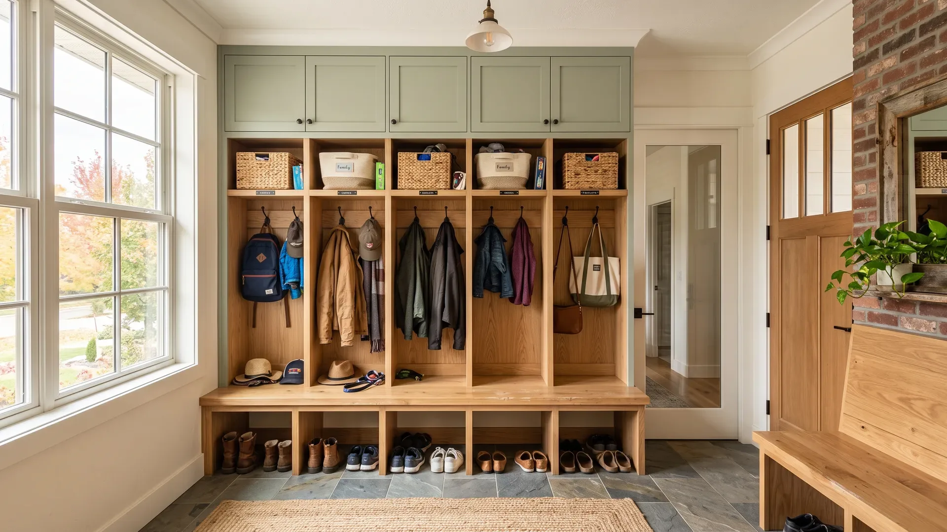 Real completed custom mudroom built-in in a Treasure Valley home with white oak and sage-green lockers, open cubbies, coat hooks, and a bench with shoe storage