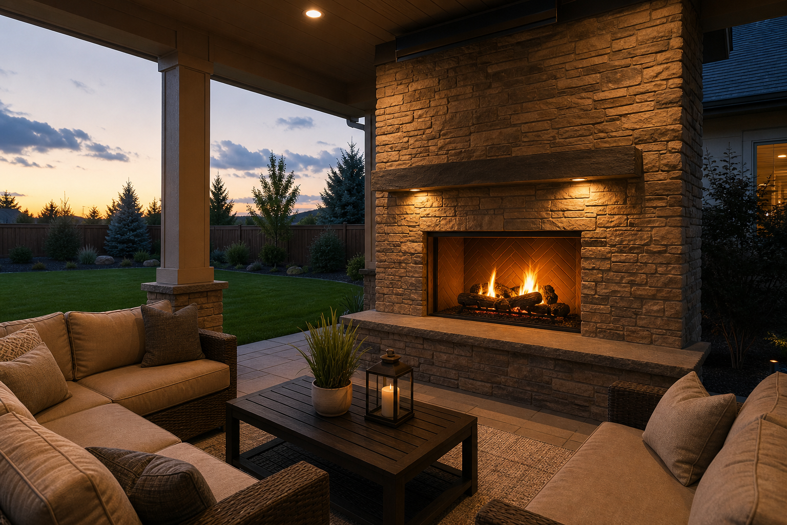 Outdoor fireplace on a covered patio for year-round Treasure Valley entertaining