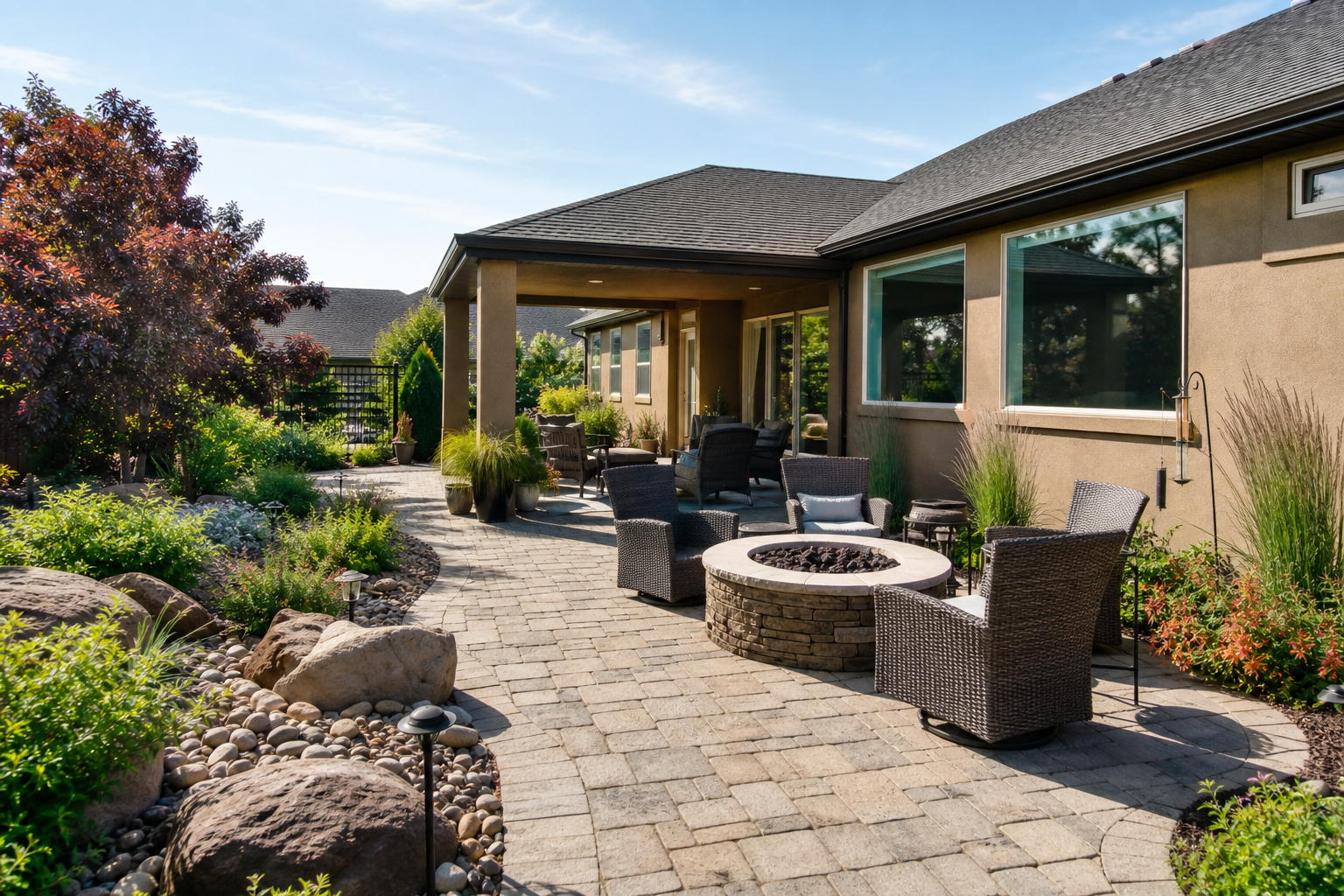 Outdoor living space with patio and landscaping boosting curb appeal
