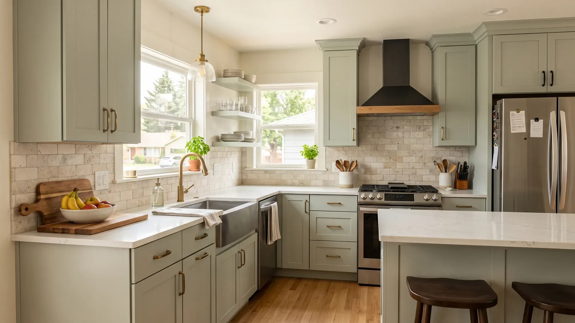 Real completed Treasure Valley kitchen with soft muted sage green painted Shaker cabinets, aged brass hardware, white quartz counters, and a natural stone backsplash