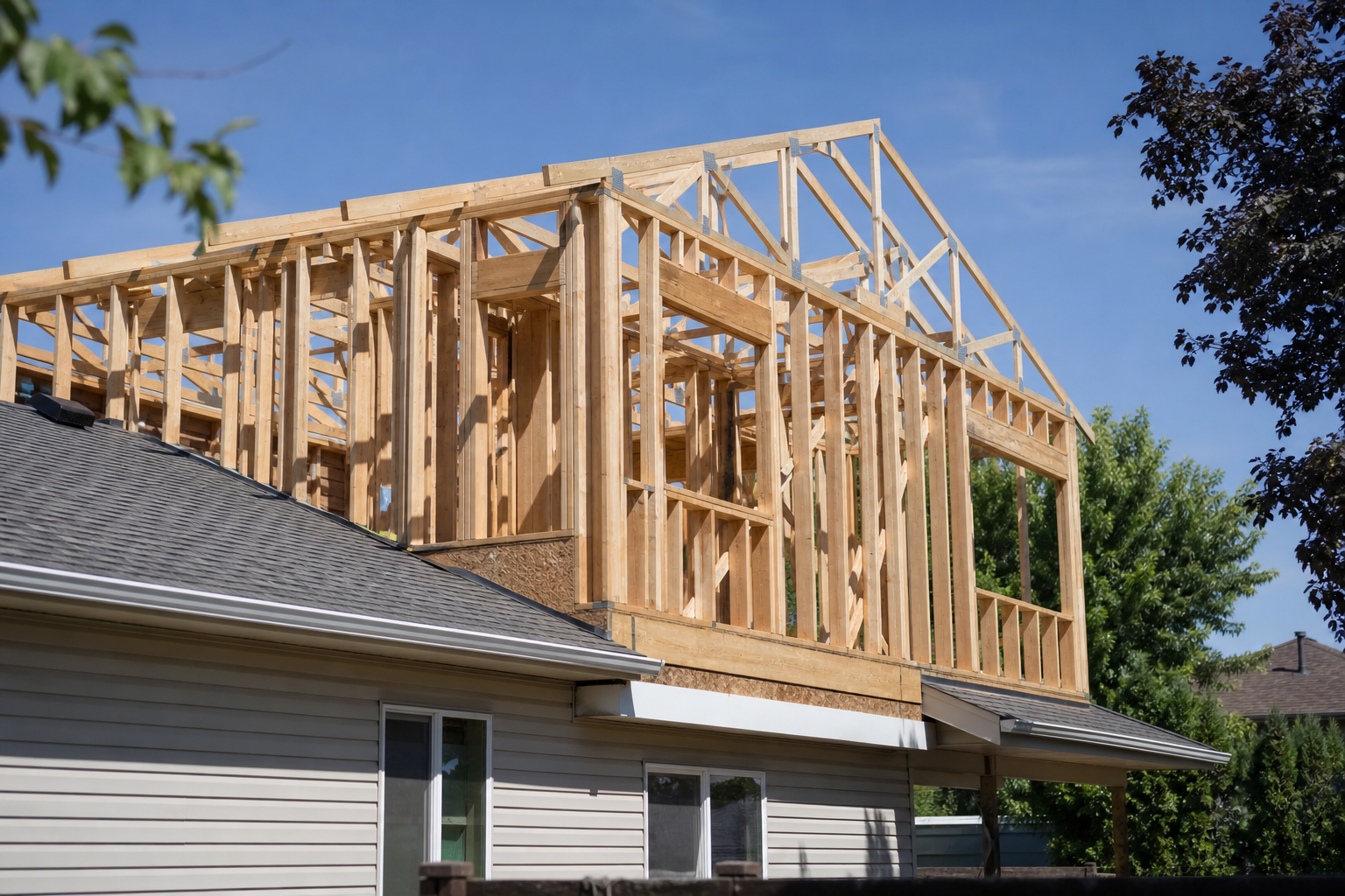 Second-story addition under construction with framing on a Treasure Valley home