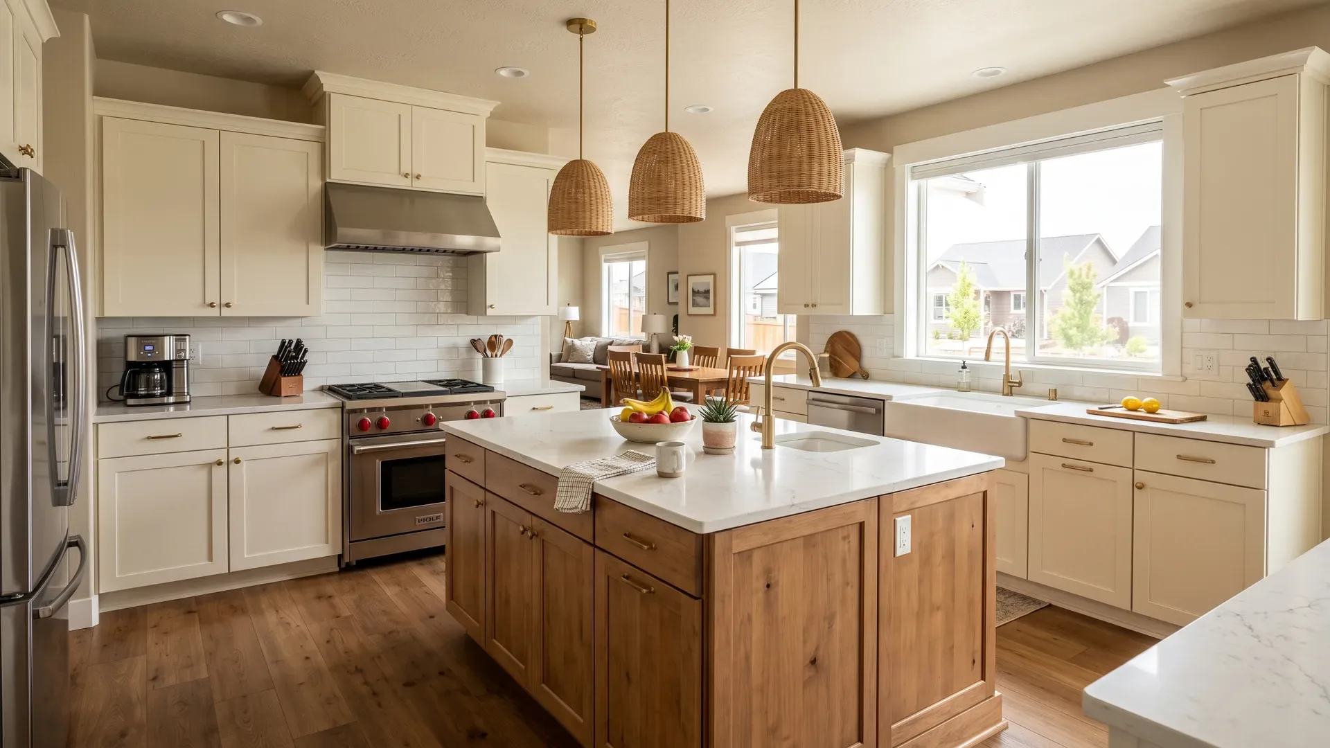 Real completed two-tone Treasure Valley kitchen with creamy off-white perimeter cabinets and a warm natural stained-wood island, brushed brass hardware, and pendant lights
