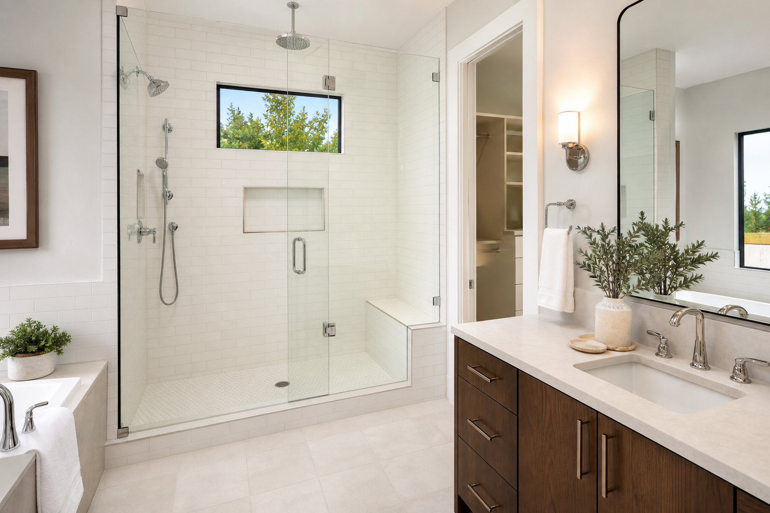 Walk-in shower with glass enclosure and tile surround in a Treasure Valley bath