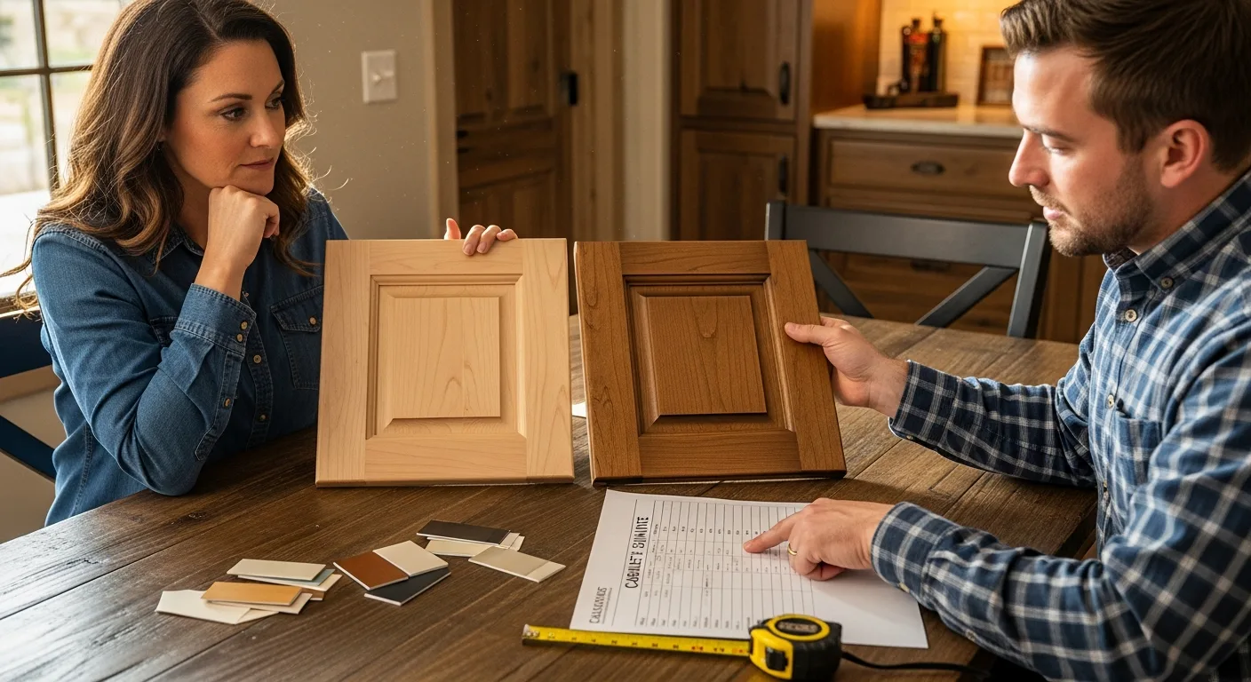 Homeowner and designer comparing cabinet door samples beside an itemized cabinet estimate in a Treasure Valley kitchen