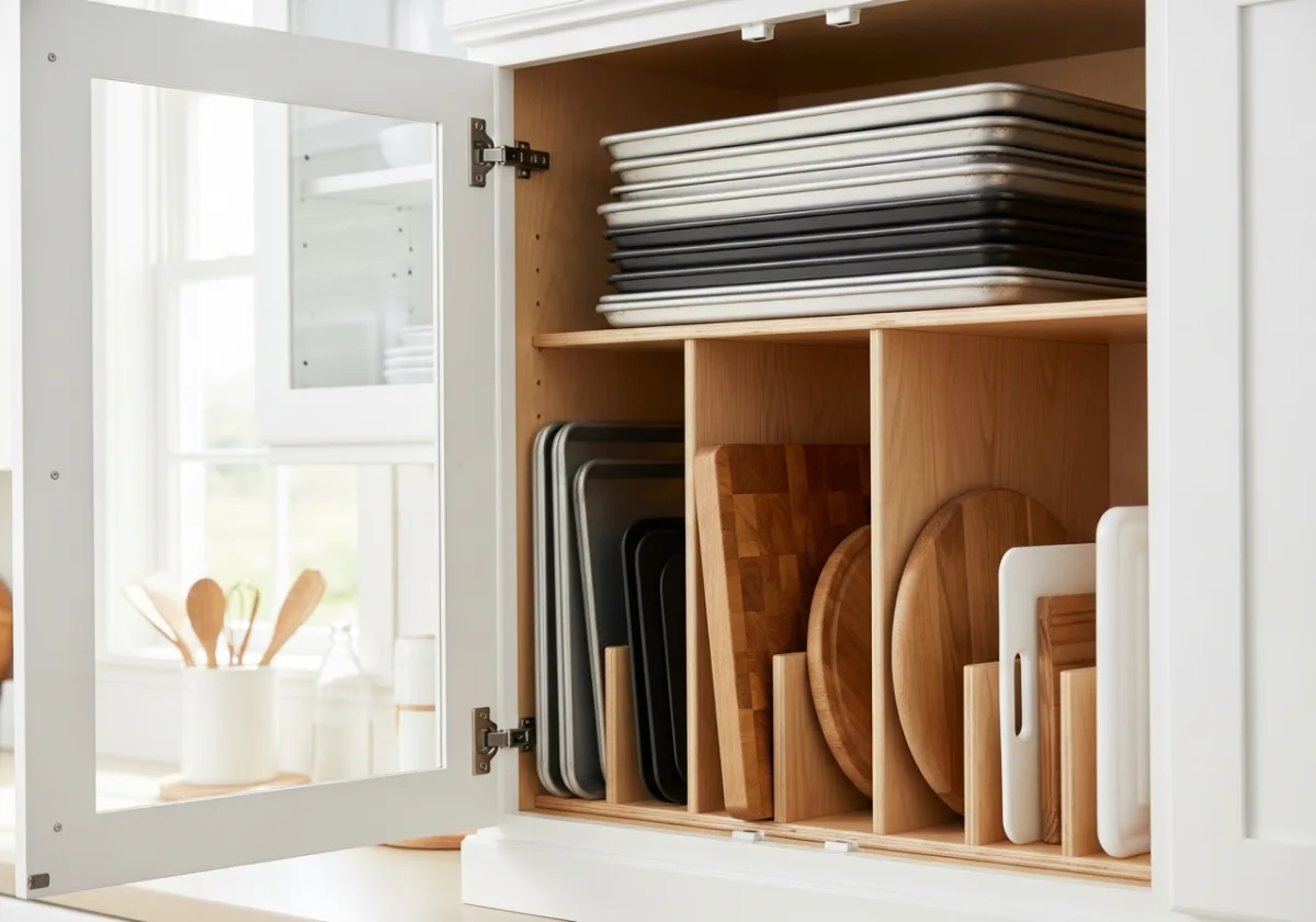 Vertical cabinet dividers organize cutting boards and baking sheets