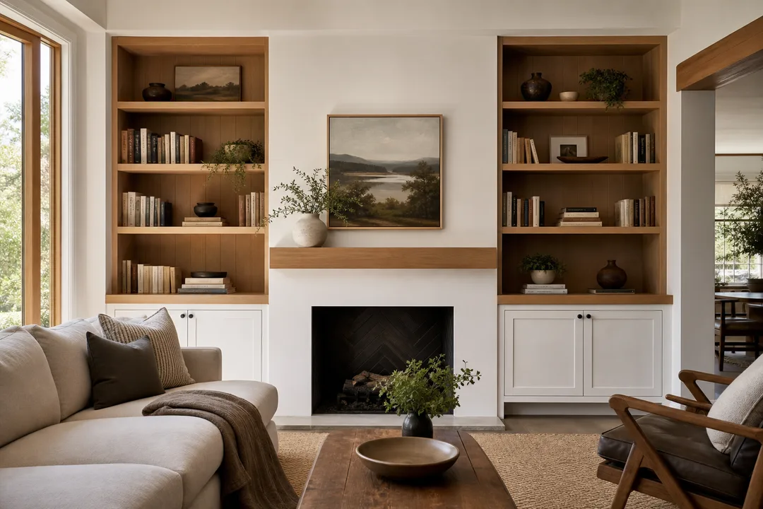 Design concept: wood-finish living-room built-ins illustrating a coordinated cabinetry palette