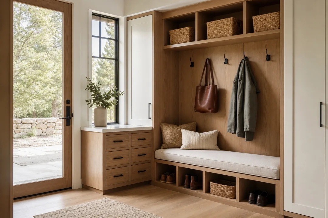 Design concept: wood mudroom storage with a cushioned bench, open cubbies and coat hooks