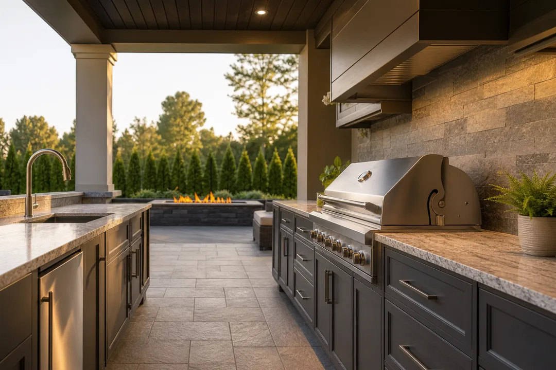 Design concept: covered outdoor kitchen with dark cabinets, stone counters, a grill and sink