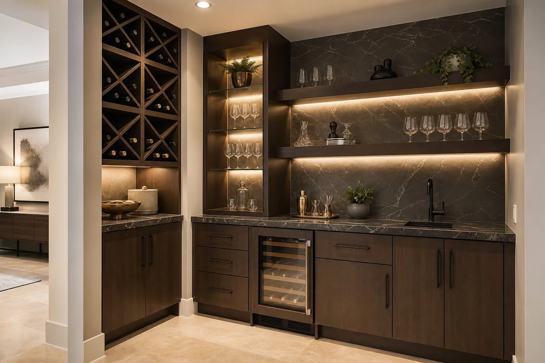 Design concept: dark Shaker wet bar cabinets with a sink and beverage refrigerator