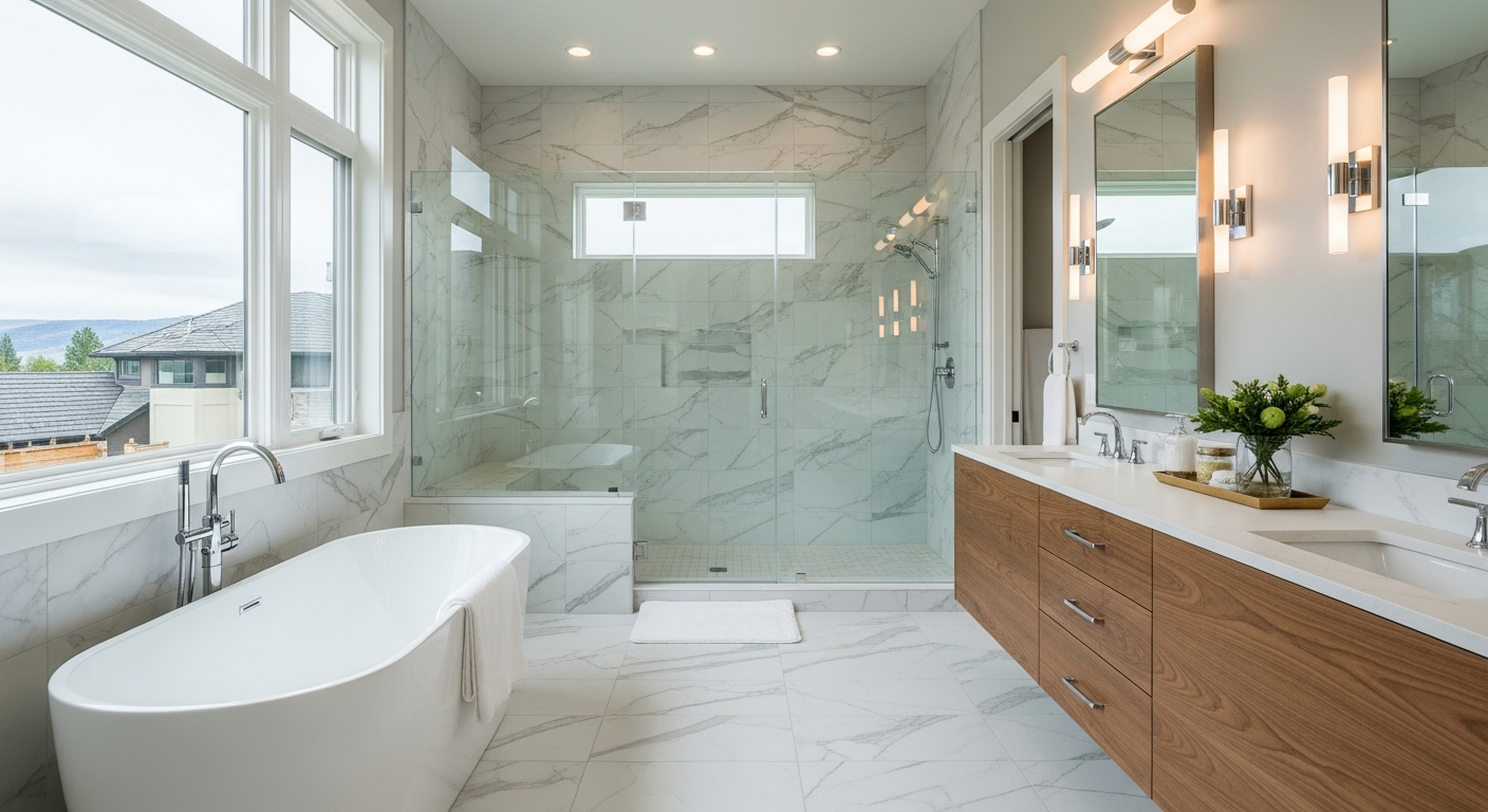 Luxury master bathroom with premium tile and fixtures in Eagle