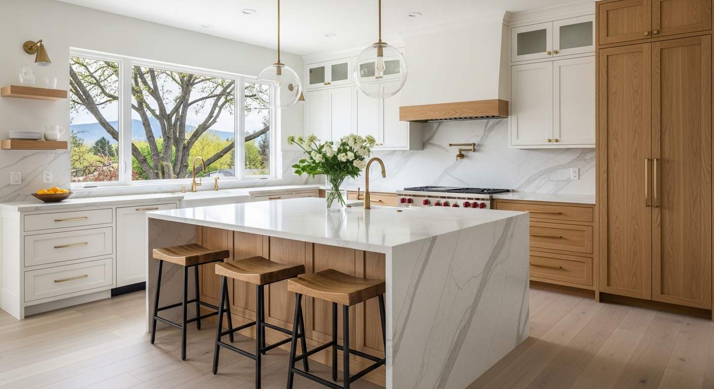 Completed kitchen remodel in a Boise home with warm cabinetry and quartz counters