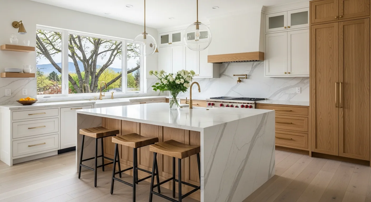 Custom kitchen cabinets installed in a Boise home with warm finishes and quartz counters