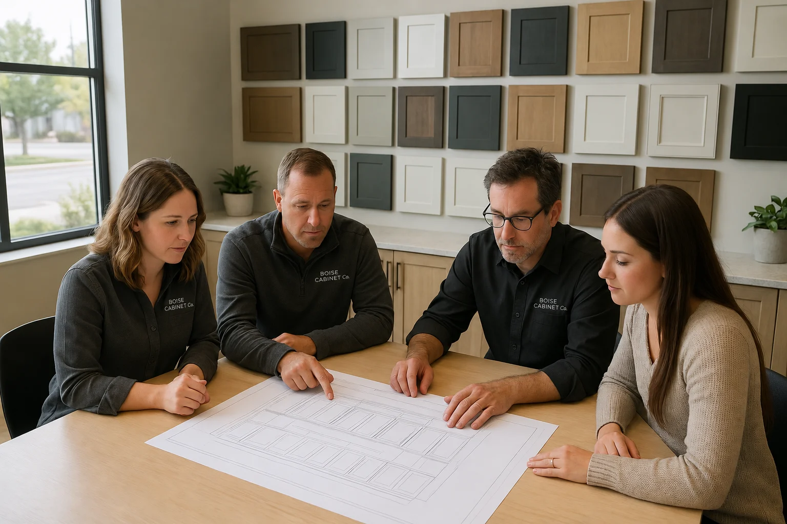 consultation with Boise Cabinet Co branded designers reviewing cabinet plans