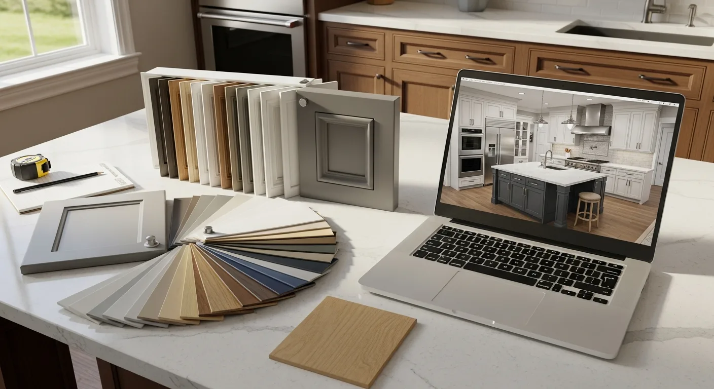 Boise Cabinet Co Design Studio showing 3D custom cabinet preview and finish selection
