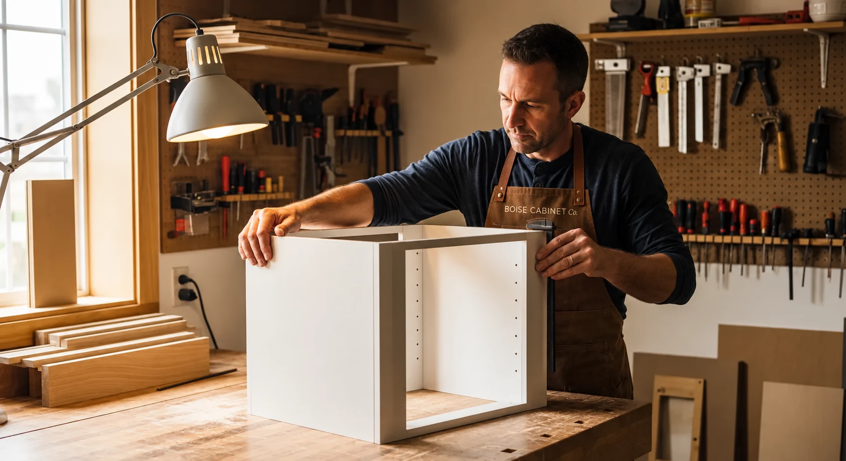image of a Boise Cabinet Co cabinetmaker assembling a frameless cabinet box