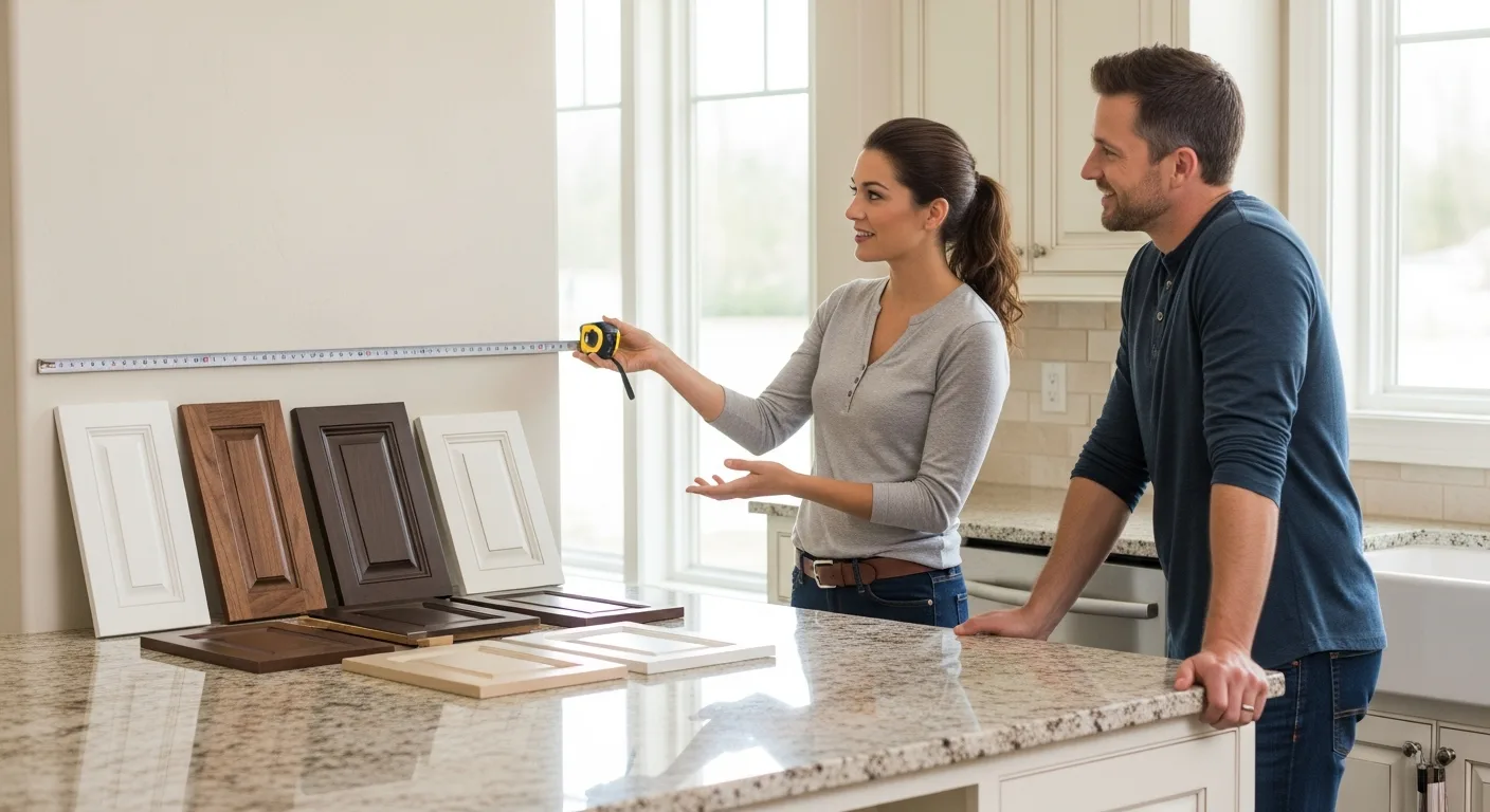 Boise Cabinet Co designer measuring a kitchen and reviewing cabinet door samples during an in-home consultation