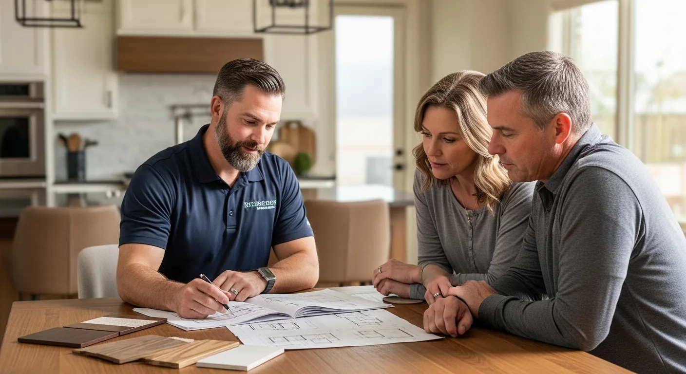 Boise Cabinet Co designer reviewing custom kitchen cabinet layouts and finish samples with homeowners in the Treasure Valley